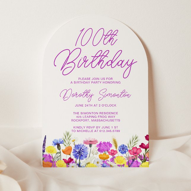 100:e födelsedagen Boho Lila Wildblomarch Inbjudningar (Skapare uppladdad)