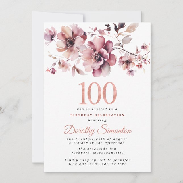 100:e födelsedagen Burgundy Dusty  Rosa Blommigt Inbjudningar (Framsida)