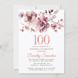 100:e födelsedagen Burgundy Dusty Rosa Blommigt Inbjudningar