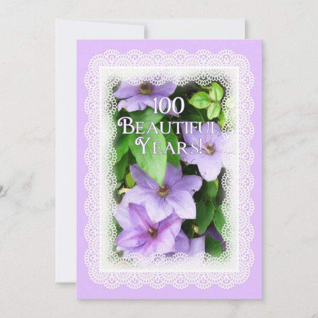 100:e födelsedagen Firande-Lila Clematis/Snöre Inbjudningar (Framsida)