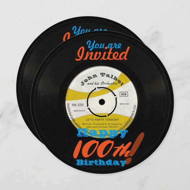 100:e födelsedagen Inbjudan Retro Vinyl Record 45  (Fram/baksida)