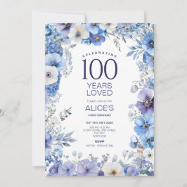 100:e födelsedagen, Lila och blå Blommigt, milstol Inbjudningar
