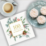 100:e födelsedagen: Rustic Winter Greenery Red Bow Pappersservett<br><div class="desc">Röda bär och gräs är inkapslade i en rustik vinter-grön andedräkt. Det är ramar 100,  firmans namn och en århundrade födelsedag. All text kan redigeras.</div>