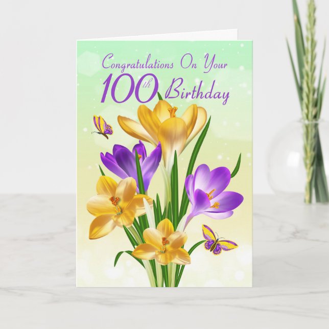 100:e födelsedagens Gult och Lila Crocus Kort (Framsida)