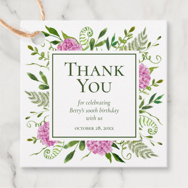 100:e födelsedagens Rosa Hydrangeas Tack Gåvor Etiketter (Framsida)