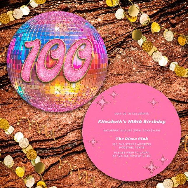 100:e Födelsedagsfest Guld Rosa Glitter Disco Boll Inbjudningar (Front/Back)
