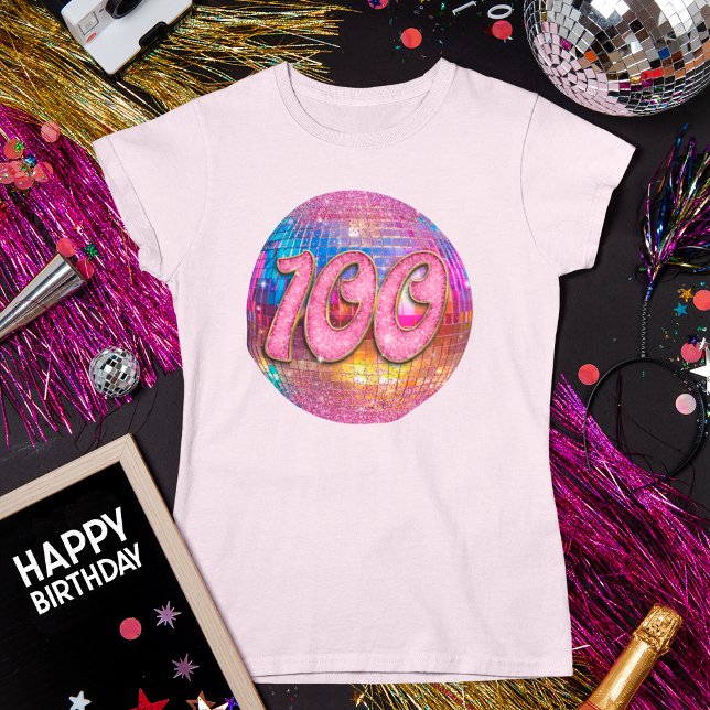 100:e Födelsedagsfest Guld Rosa Glitter Disco Boll T Shirt (Skapare uppladdad)