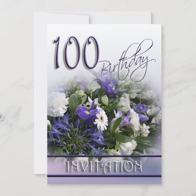 100:e Födelsedagsfest inbjudan - Blå Bouquet (Framsida)