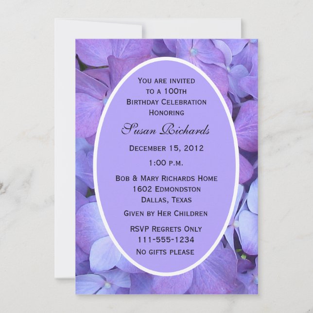 100:e Födelsedagsfest inbjudan Hydrangeas (Framsida)