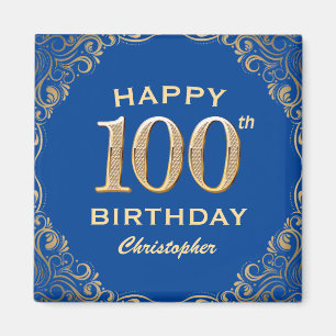 100:e Födelsedagsfesten Blue och Guld Glitter Ram Magnet
