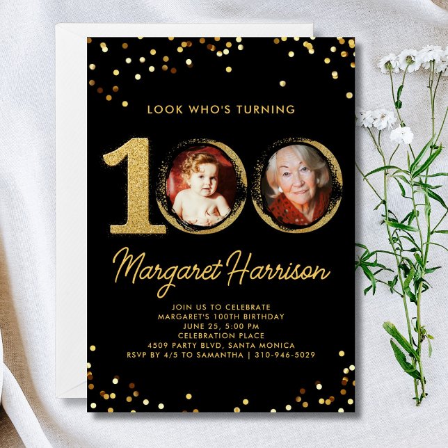 100:e Födelsedagsfesten Guld Glitter Konfetti foto Inbjudningar (Skapare uppladdad)