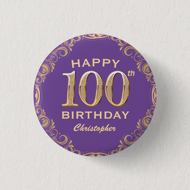 100:e Födelsedagsfesten Lila och Guld Glitter Ram Knapp (Framsida)