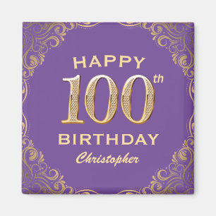 100:e Födelsedagsfesten Lila och Guld Glitter Ram Magnet