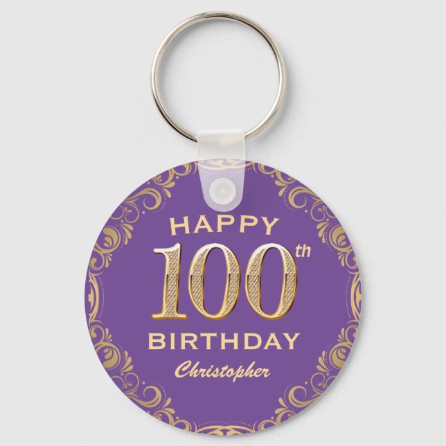 100:e Födelsedagsfesten Lila och Guld Glitter Ram Nyckelring (Framsida)