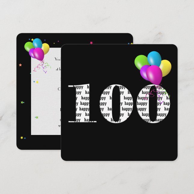 100:e Födelsedagsfesten med ballongbunt Inbjudningar (Fram/baksida)