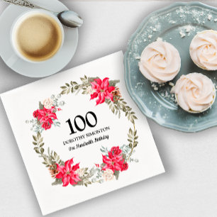 100: e Födelsedagsfesten Röd Blommigt Poinsettia U Pappersservett