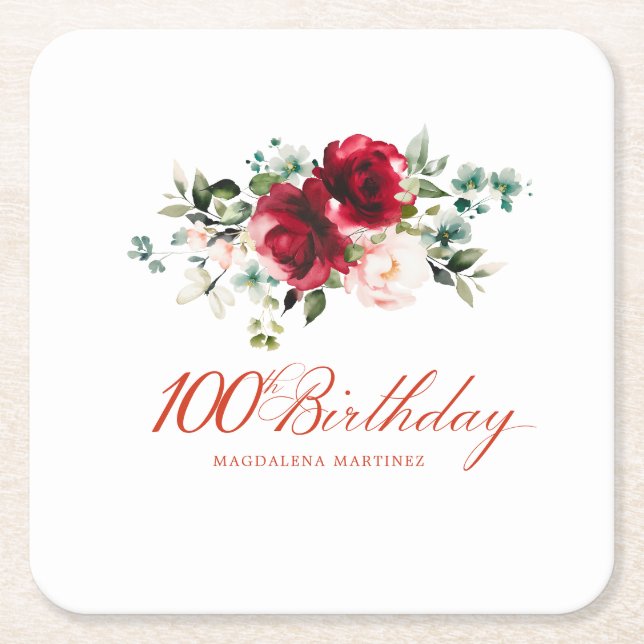 100:e Födelsedagsfesten Röd Rosa Blommigt Anpassni Underlägg Papper Kvadrat (Framsidan)
