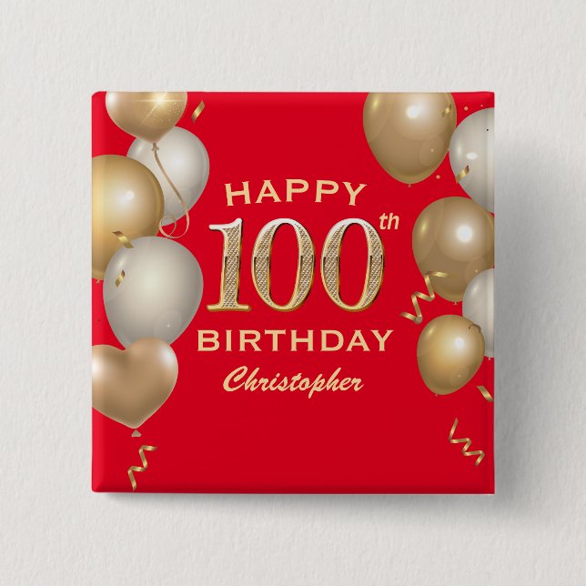 100:e Födelsedagsfesten Röda och Guld-ballonger Knapp (Framsida)