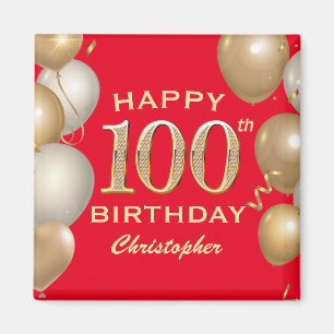 100:e Födelsedagsfesten Röda och Guld-ballonger Magnet