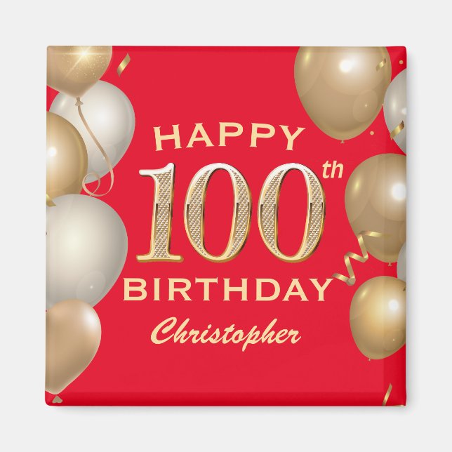 100:e Födelsedagsfesten Röda och Guld-ballonger Magnet (Framsidan)