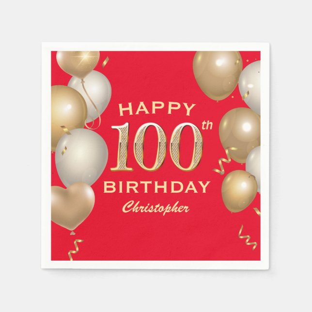 100:e Födelsedagsfesten Röda och Guld-ballonger Pappersservett (Framsidan)