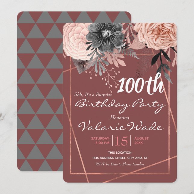 100:e Födelsedagsfesten Rosa ros Inbjudningar (Fram/baksida)