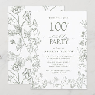 100:e Födelsedagsfesten Sage Grönt Victorian Blomm Inbjudningar