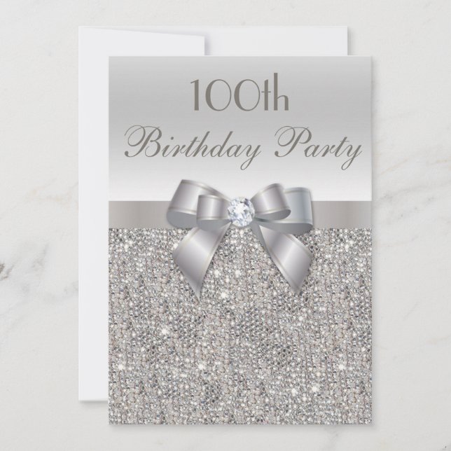 100:e Födelsedagsfesten Silver Sequins, Bow & Diam Inbjudningar (Front)