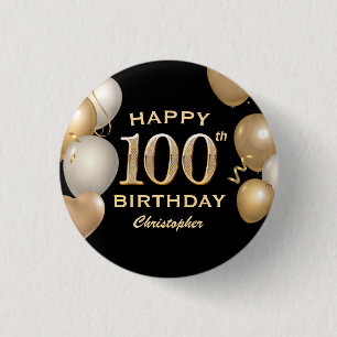 100:e Födelsedagsfesten Svart och Guld-ballonger Knapp