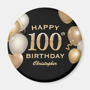 100:e Födelsedagsfesten Svart och Guld-ballonger Magnet