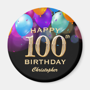 100:e Födelsedagsfesten Svart och Guld-ballonger Magnet