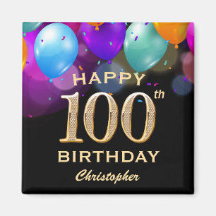 100:e Födelsedagsfesten Svart och Guld-ballonger Magnet