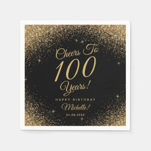 100:e Födelsedagsfesten Svarta Guld Glitter Namn Pappersservett