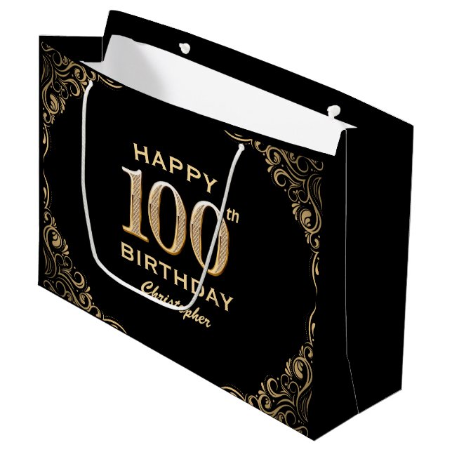 100:e Födelsedagsfesten Svarta och Guld Glitter Ra (Framsidan Vinklad)