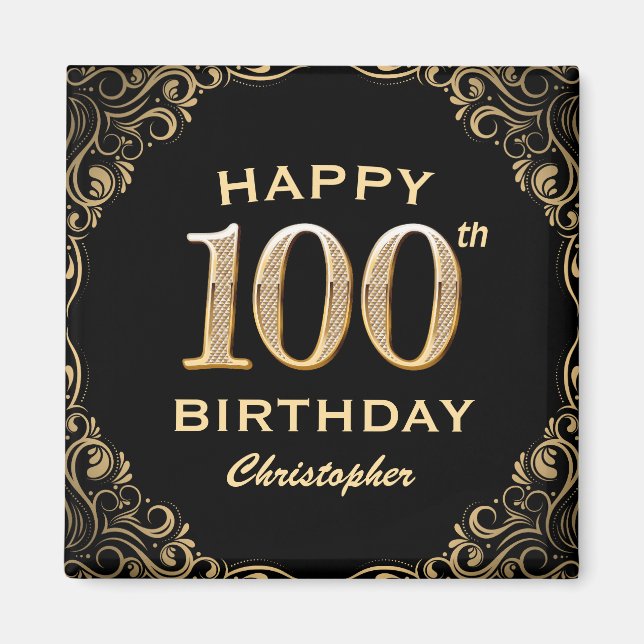 100:e Födelsedagsfesten Svarta och Guld Glitter Ra Magnet (Framsidan)