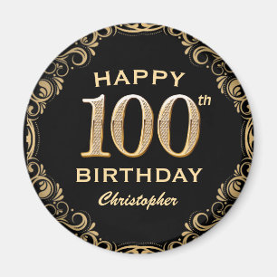 100:e Födelsedagsfesten Svarta och Guld Glitter Ra Magnet