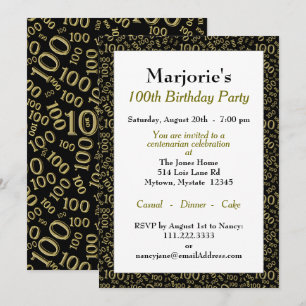 100:e Födelsedagsfesten Svartvitt/Guld nummer Möns Inbjudningar