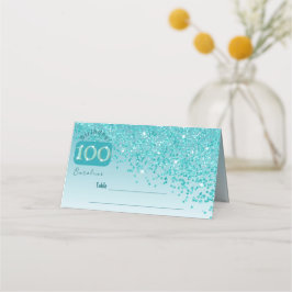 100:e Födelsedagsfesten Teal Blue Glitter Placeringskort