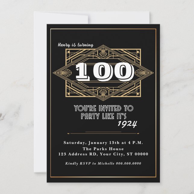 100:e Födelsedagsfesten, Underbara Gatsby, Art Dec Inbjudningar (Framsida)