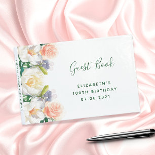 100:e födelsedagsfestens blommigt vit persikofärga gästböcker