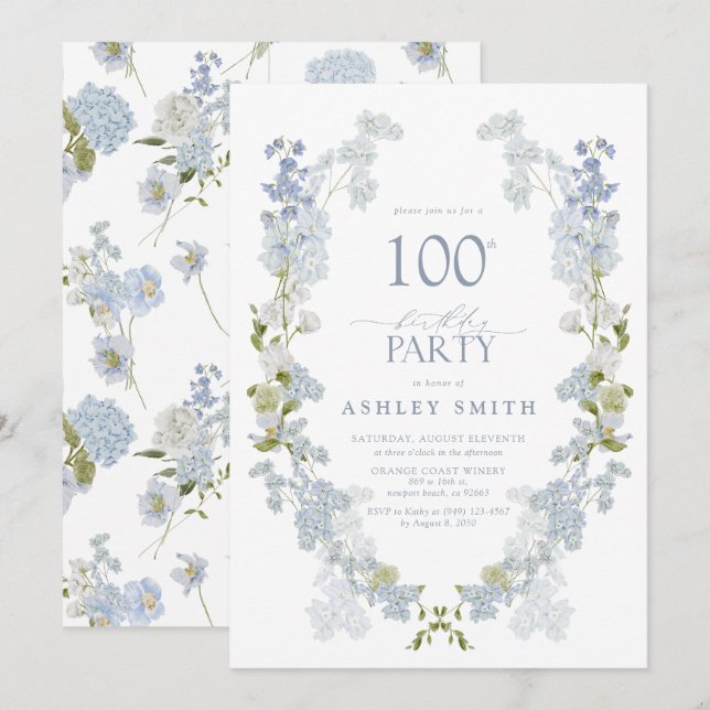 100:e Födelsedagsfestens Elegant Dusty Blue-Blommi Inbjudningar (Fram/baksida)