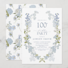 100:e Födelsedagsfestens Elegant Dusty Blue-Blommi Inbjudningar