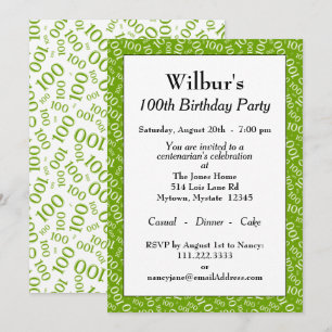100:e Födelsedagsfestens Grönt/vita nummer Mönster Inbjudningar