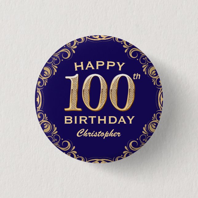 100:e Födelsedagsfestens marinblått och Guld Glitt Knapp (Framsida)