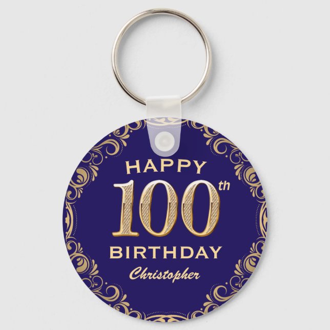 100:e Födelsedagsfestens marinblått och Guld Glitt Nyckelring (Framsida)