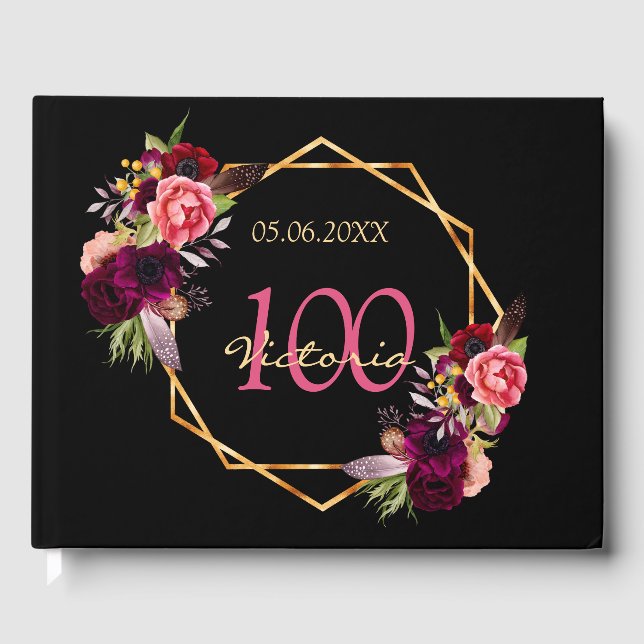 100:e födelsedagsfestens svarta blommigtar geometr gästböcker (Framsida)