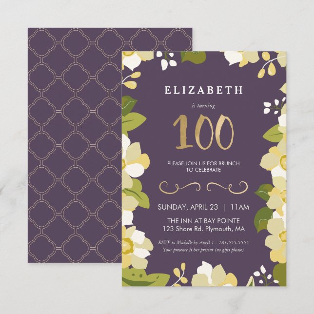 100:e födelsedagsinbjudan Anpassa Blommigt med Gul Inbjudningar (Fram/baksida)