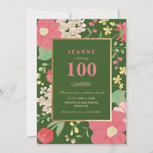 100:e födelsedagsinbjudan - Guld, Elegantens Blomm Inbjudningar (Framsida)