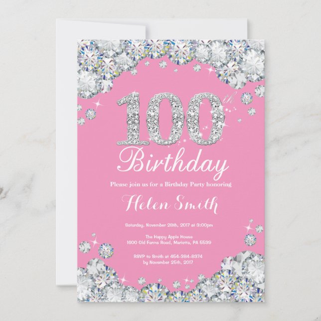 100:e födelsedagsinbjudan Rosa och Silver Diamond Inbjudningar (Framsida)