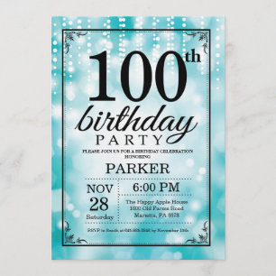 100:e födelsedagsinbjudan Teal Glitter Inbjudningar